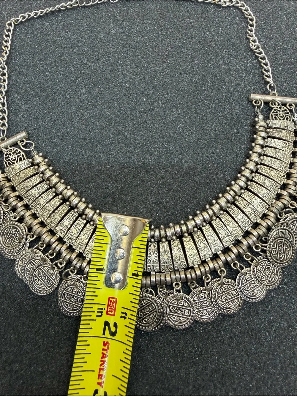 Vintage Silver Tone Boho Ethnic Tribal Coin Fringe Statement Necklace